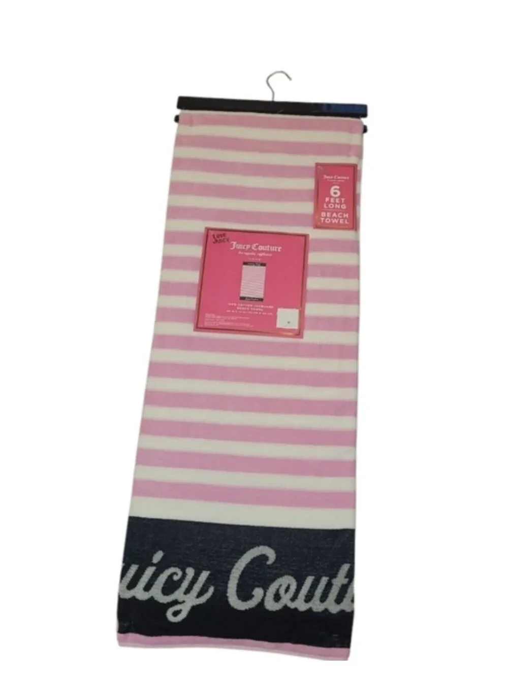 Juicy Couture Pink and White Striped Logo Beach Towel with Black Logo Band